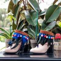 Boot Cuffs with blue feathers and colorful beaded pompoms