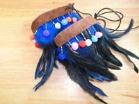 Boot Cuffs with blue feathers and colorful beaded pompoms
