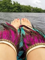 Hot Pink feathers, peacock feathers, studded, off white pleather base