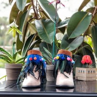 Boot Cuffs with blue feathers and colorful beaded pompoms