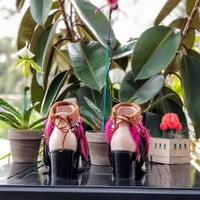 Pink Feathers, poke dot feathers, brown leather