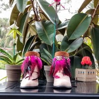 Pink Feathers, poke dot feathers, brown leather