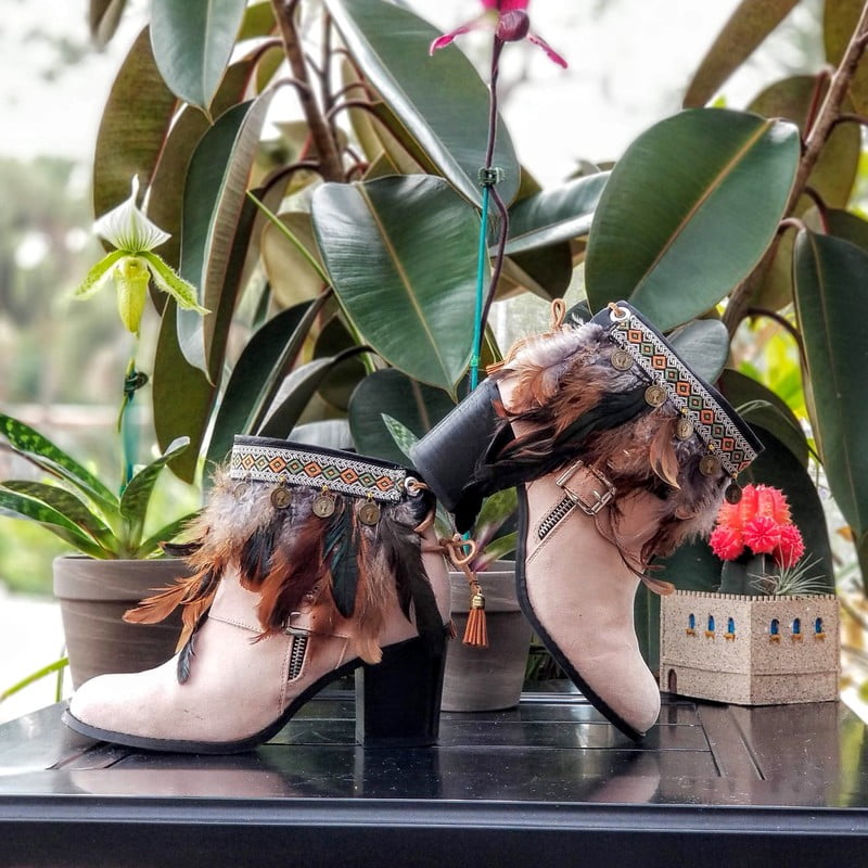 Brown Feathers with coin, black pleather base