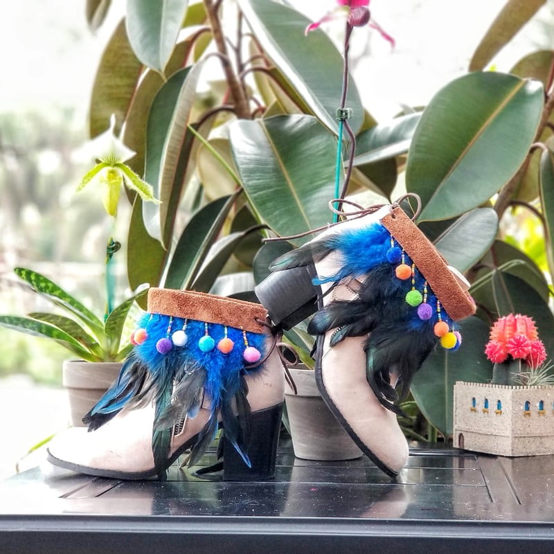 Boot Cuffs with blue feathers and colorful beaded pompoms