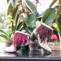 Hot Pink feathers, peacock feathers, studded, off white pleather base