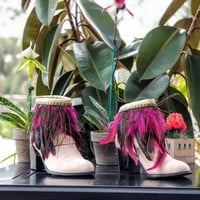 Hot Pink feathers, peacock feathers, studded, off white pleather base