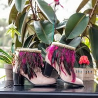 Hot Pink feathers, peacock feathers, studded, off white pleather base