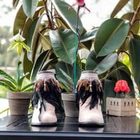 Black feathers, Small orange feathers,  grey pleather, purple lace with beads,