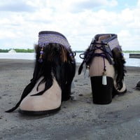 Black feathers, Small orange feathers,  grey pleather, purple lace with beads,