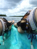 Black feathers, Small orange feathers,  grey pleather, purple lace with beads,