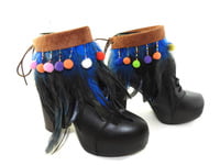 Boot Cuffs with blue feathers and colorful beaded pompoms