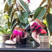 Pink Feathers, poke dot feathers, brown leather